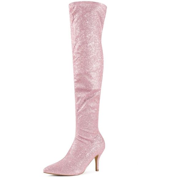 Perphy Shoes - Glitter Pointed Toe Stiletto Heels Pink Over the Knee Boots